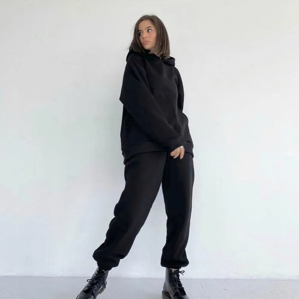 Fashion Women's Sports Two-Piece Autumn Hooded Long-Sleeved And Baggy Pants Fitness Set Solid Color Lady 2-Piece Suit Outfits black
