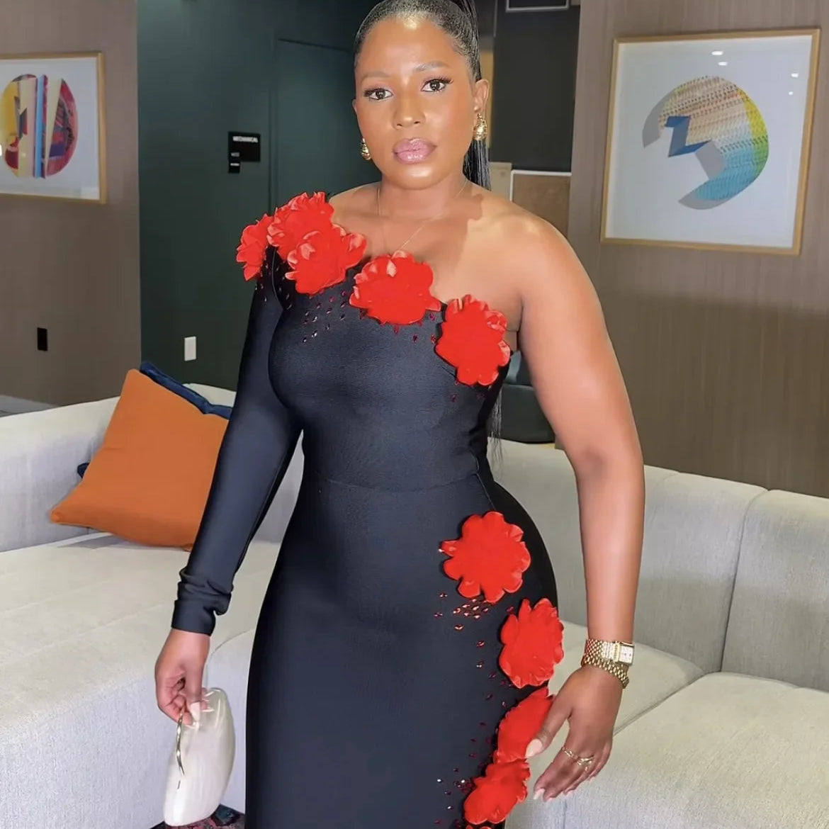 Women Sexy One Shoulder Long Sleeve Red Florlas Rhinestones Bodyocn Long Bandage Dress Nightclub Party Celebrate Birthday Wear