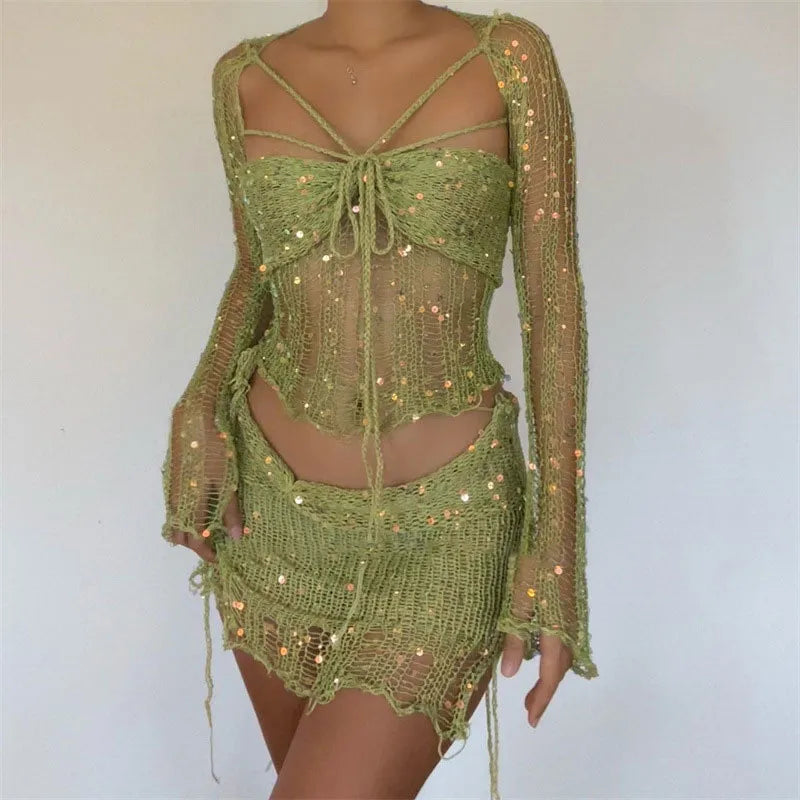 Sequins Knitted Hollow Out Two Piece Set Women Long Sleeve Cropped Top Midi Bodycon Skirt Summer Chic Beach Female Outfits Green