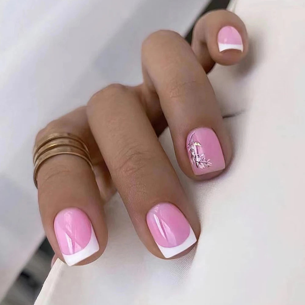 24pcs/set short medium fake nails beautiful flowers design fall winter square ballet acrylic tips press on false nail art supply