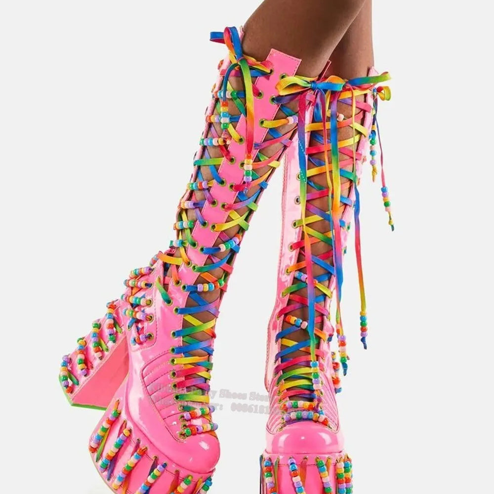 Round Toe Square Heel Platform Knee-High Boots Mixed Color Cross-Tied Patent Leather Side Zipper Super High Sexy Shoes Hot Girls