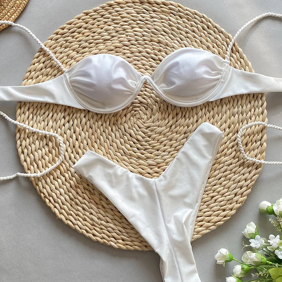 Push Up Bikini Sexy Women Bar Swimsuit Female Swimwear Bikini Set Brazilian Biquini Swimming Suit White Shiny Beachwear