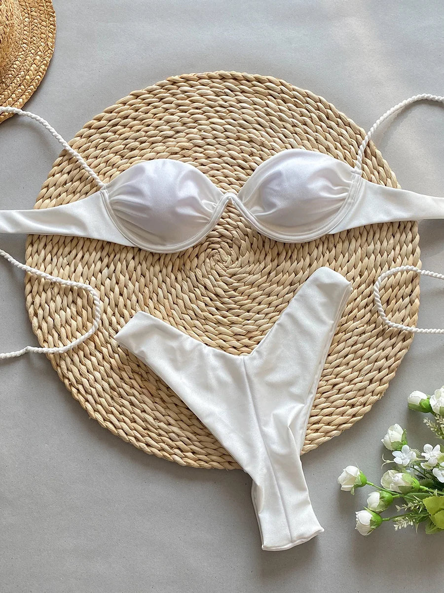 Push Up Bikini Sexy Women Bar Swimsuit Female Swimwear Bikini Set Brazilian Biquini Swimming Suit White Shiny Beachwear