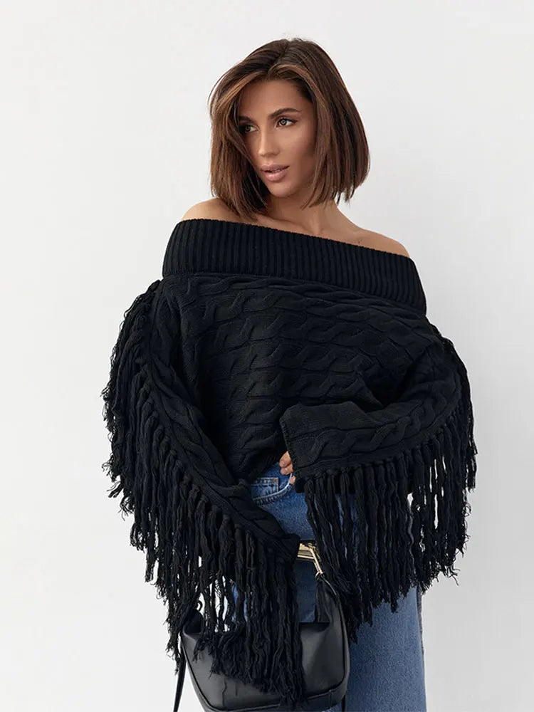 Thicken White Tassel Off Shoulder Sweater Women Elegant Slash Neck Long Sleeve Short Wool Pullover Winter Lady Knit Jumpers Black A