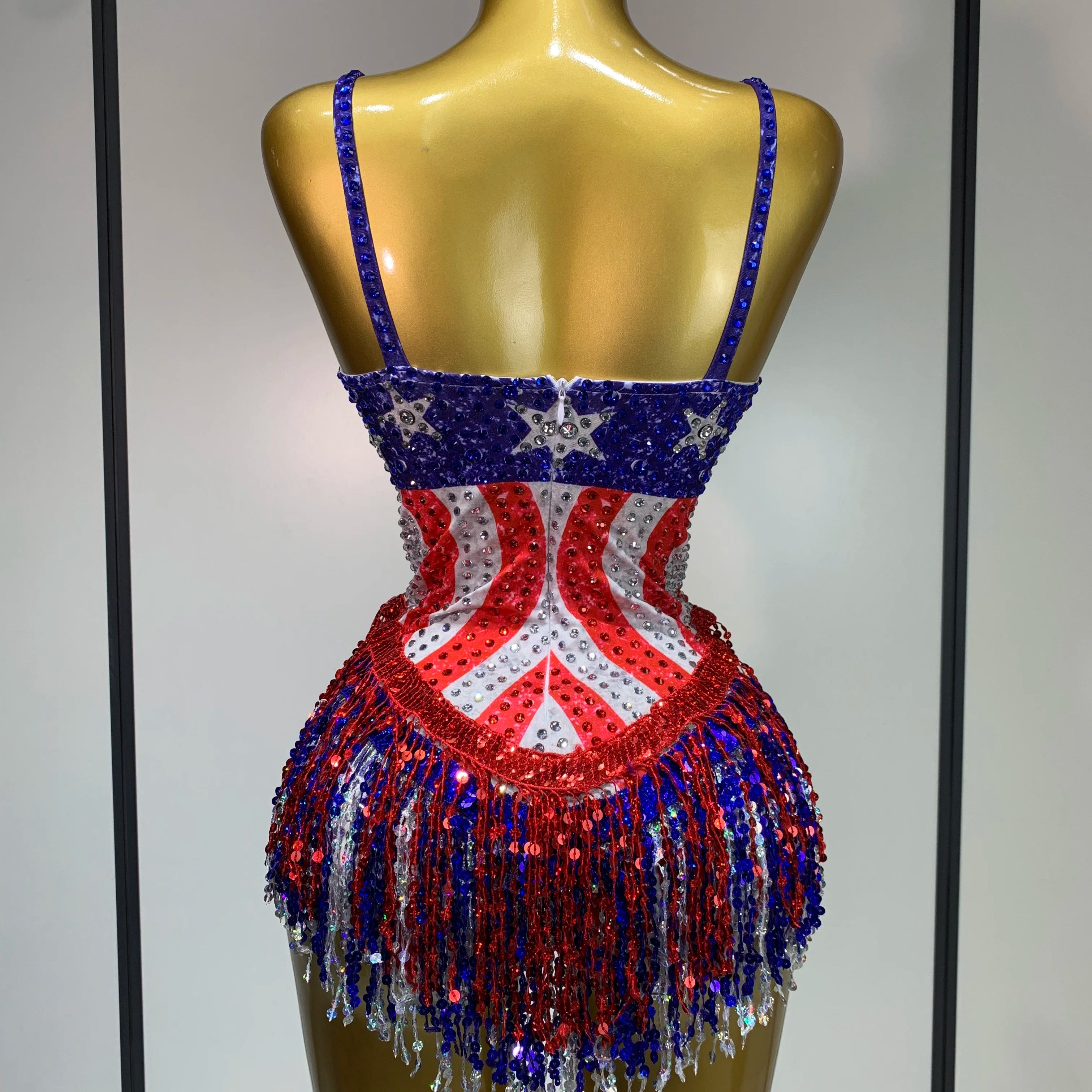 Shiny Rhinestones Tassel Bodysuit Performance Dance Singer Costume Evening Party Nightclub Stage Leotard Cheerleading Outfit