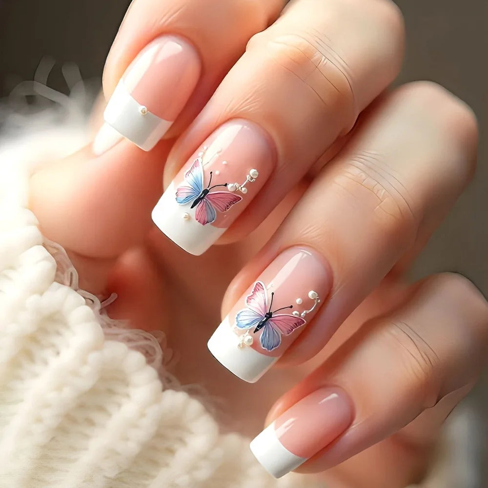 24Pcs Mid-length Square False Nail Shiny Powder Flower Butterfly Design Press on Nails Red Smudge Detachable Fake Nails Tips Art