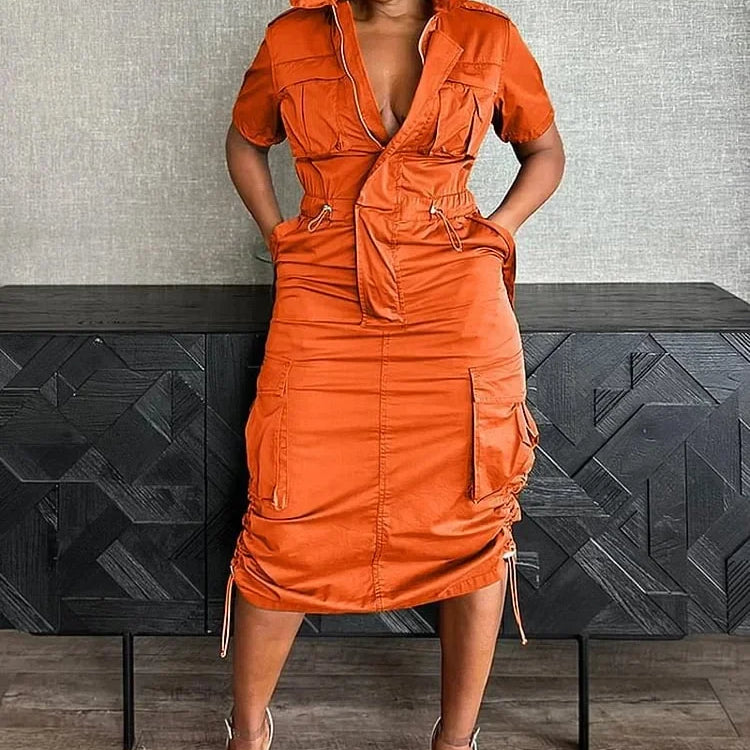 CM.YAYA Women High Waist Short Sleeve Mult Pockets Cargo Midi Dress Streetwear Drawstring Vestidos Party Sexy Evening Dresses