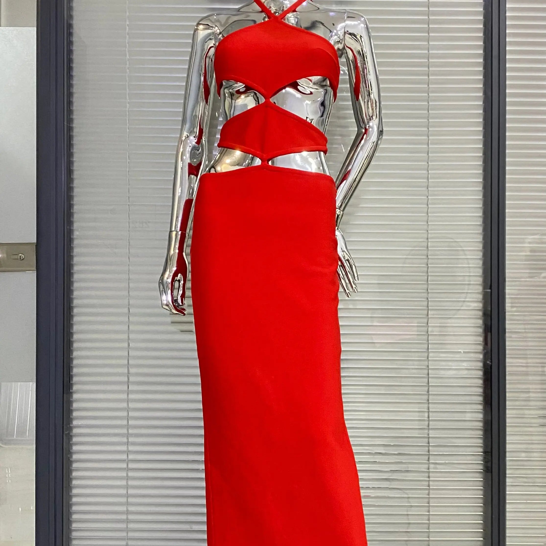 Sexy Hollow Out Sleeveless Halter Bodycon Red Long Bandage Dress Fashion's Sexy Woman Vocation Dress Summer Beach Party Vestido