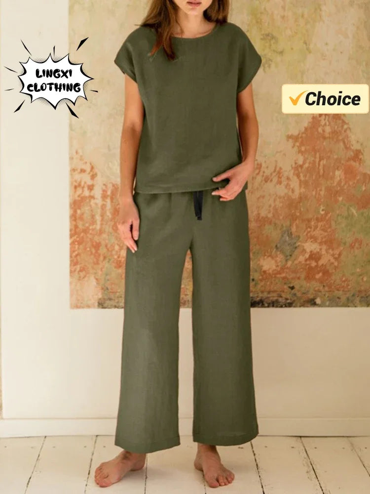 2024 New Matching Series Plus Size Women's Clothing Set Fashion Cotton and Hemp Short Sleeved Shirt Wide Leg Pants Two Piece Set