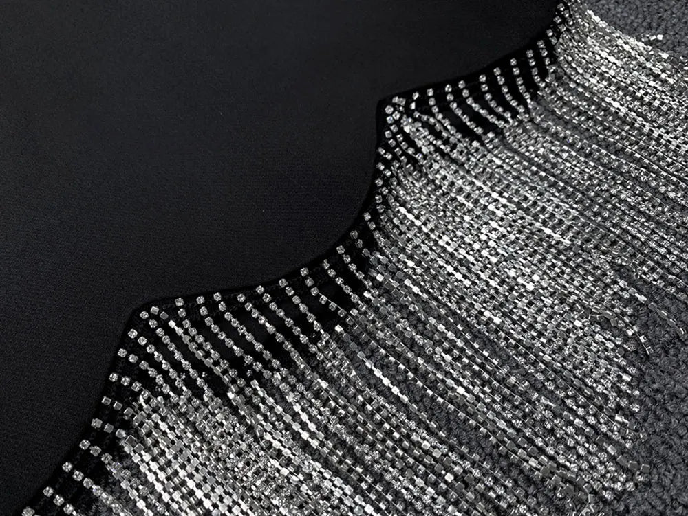 Sexy Women's Light Luxury Diamond Tassel Skirt Set with Flip Collar Long Sleeve Ultra Short Suit Coat+Mini Skirt Two Piece Set