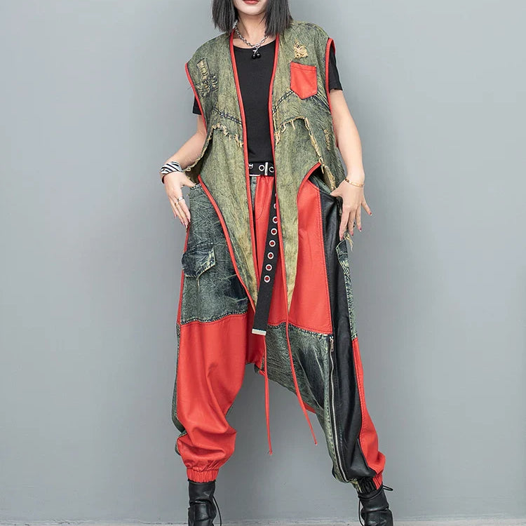 Spring Summer New Cool Distressed Denim Patchwork Irregular Vest + Hanging Crotch Pants Two-piece Set Women LX076