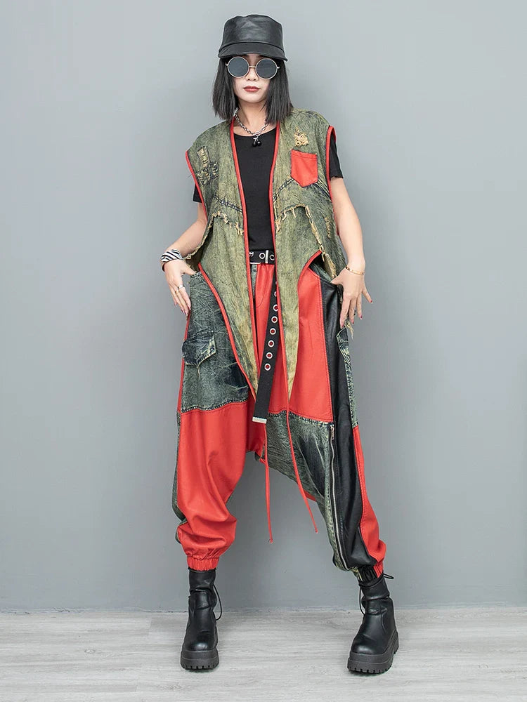 Spring Summer New Cool Distressed Denim Patchwork Irregular Vest + Hanging Crotch Pants Two-piece Set Women LX076