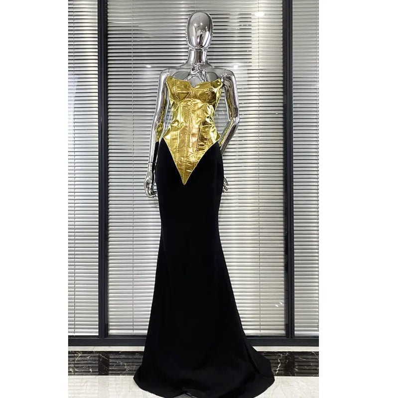 2025 Fashion Glod PU Woman Set Strapless Tops And Package Hips Balck Skirt 2 Pieces Evening Party Outfit Performance costume