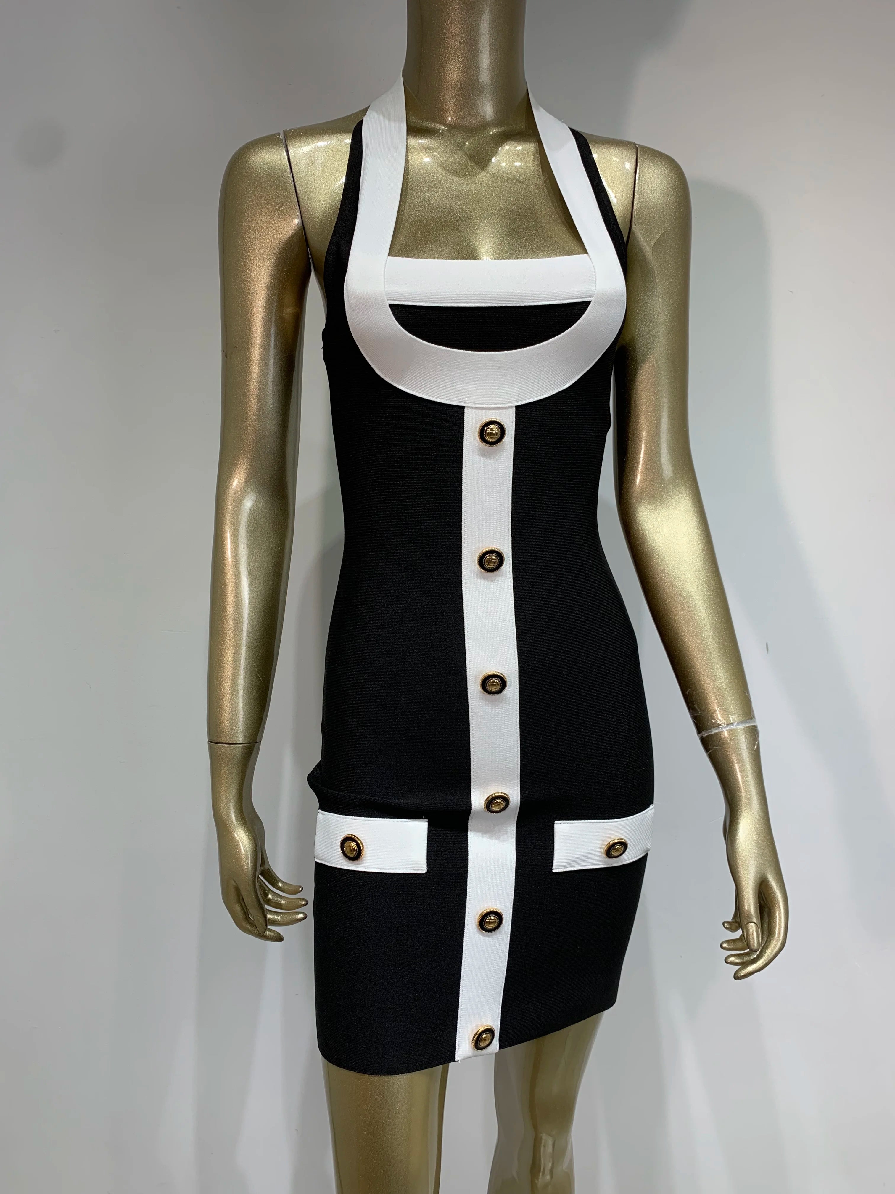 Women Celebrity Sexy Backless Halter Button Bodycon Black Mini Bandage Dress 2025 Elegant Evening Club Party Outfit