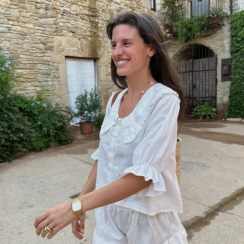 Casual Ruffle Doll Collar Shirts Shorts Set Women Puff Short Sleeve Single Breasted Blouses Suit Summer Loose Lady Suits TOP