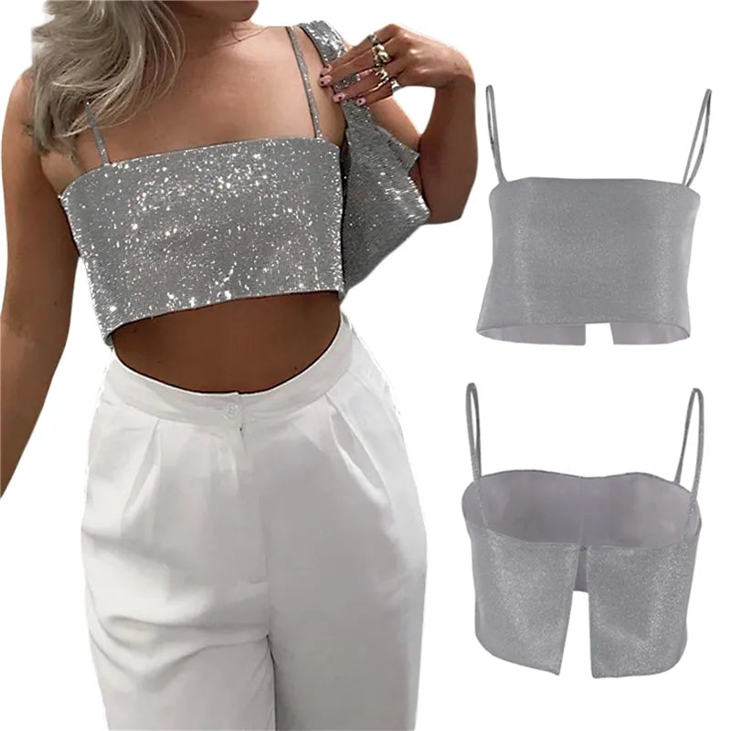 Sexy Women Sequin Crop Top Y2K Chic Sleeveless Low Cut Suspender Tops Camisole Backless Tanks for Summer Pub Party Clubwear 90s