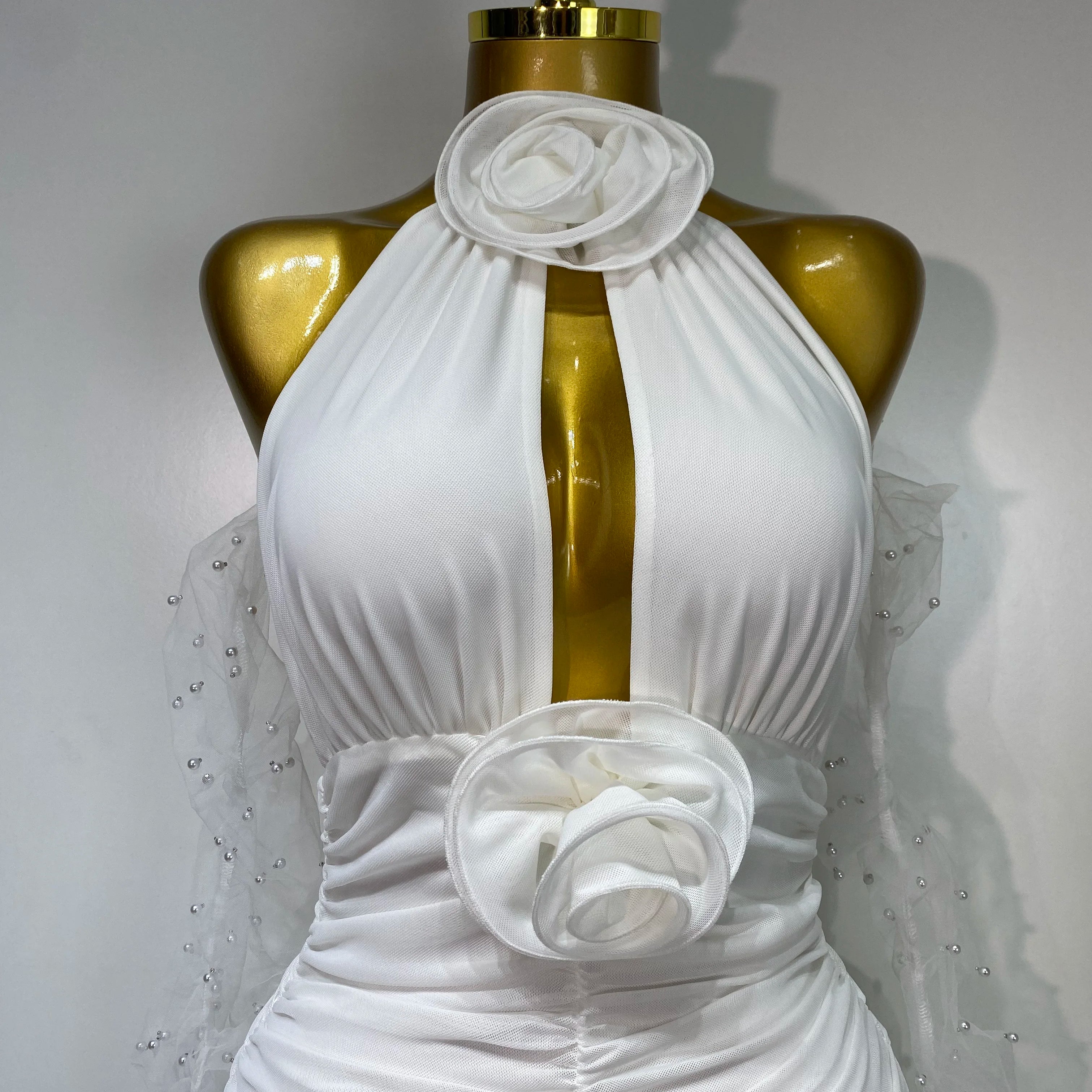 Women Sexy Cut Out Flower Pleated Bodycon Long Dress Celebrity White Elegant Evening Party Cocktail Luxury Birthday Dress