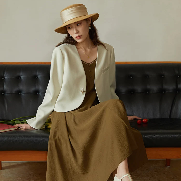 French Retro Design Collar Chic Suspender Skirt for Women New Spring Slim Thin Waist Vintage Elegant Female Dress