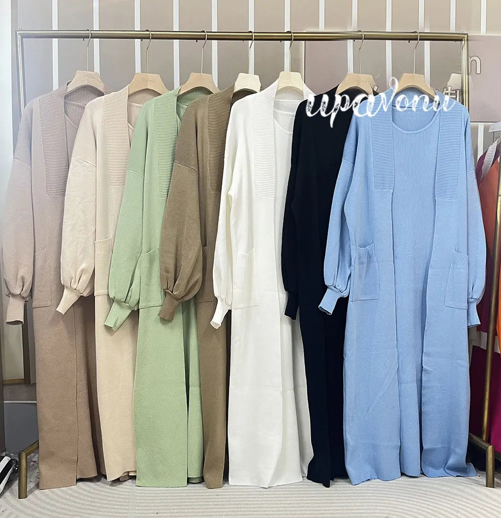 Casual Solid Knitted Sweater Long Dress Set Women Long Sleeve Loose Long Cardigan Coat&Sleeveless Mid length Dress Two Piece Set