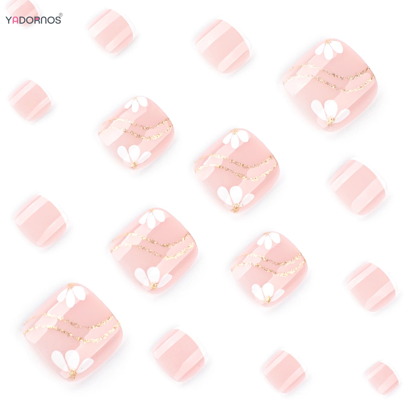 Nude Pink Color Fake Toenails 24Pcs Simple Charm Press On Toes Nails Flower Printed White French Tip Reusable False Nails