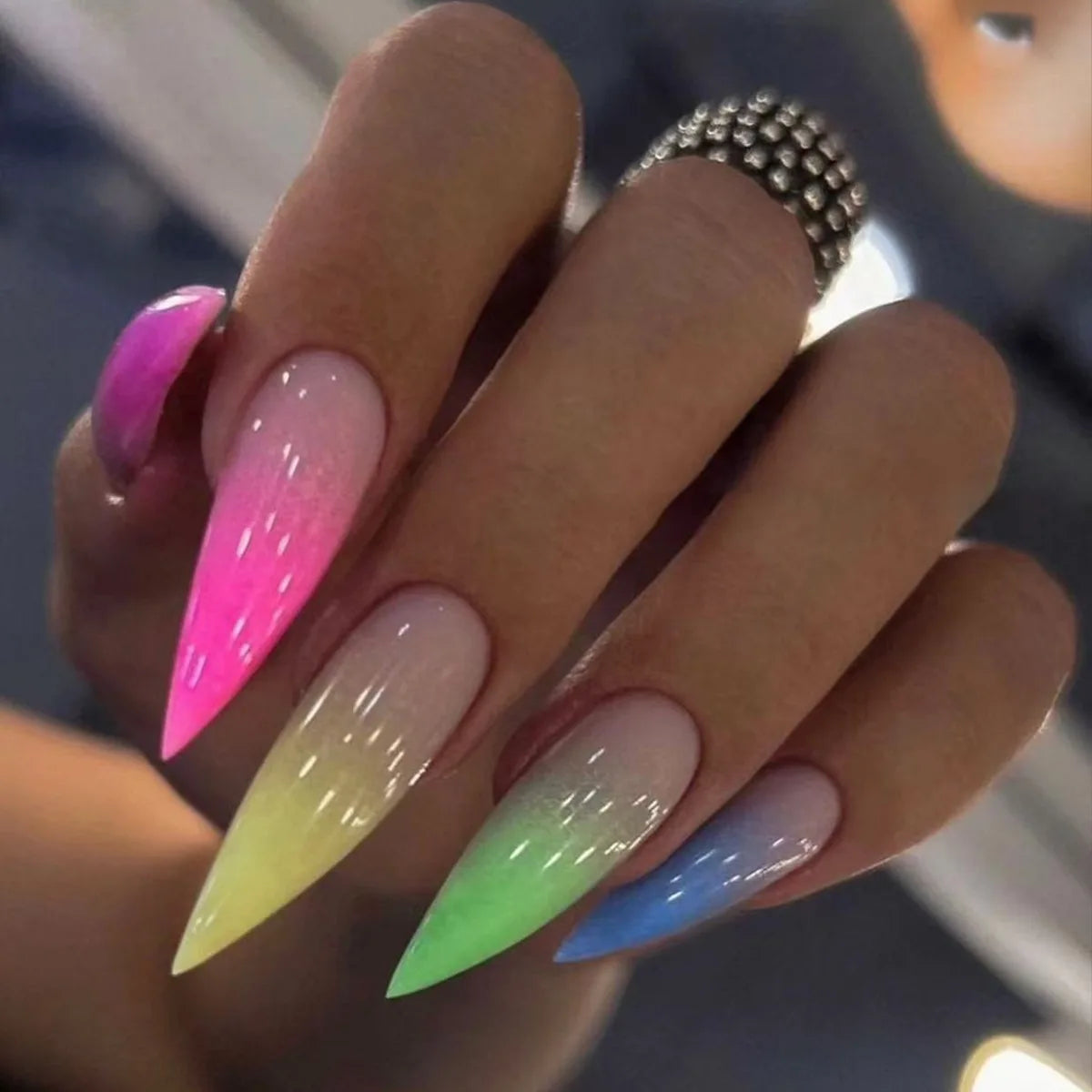 24Pcs  Long Press on Nail Full Cover Rainbow Jump Color Design Gradient Stiletto Almond Manicure Simple Style Acrylic Fake Nails
