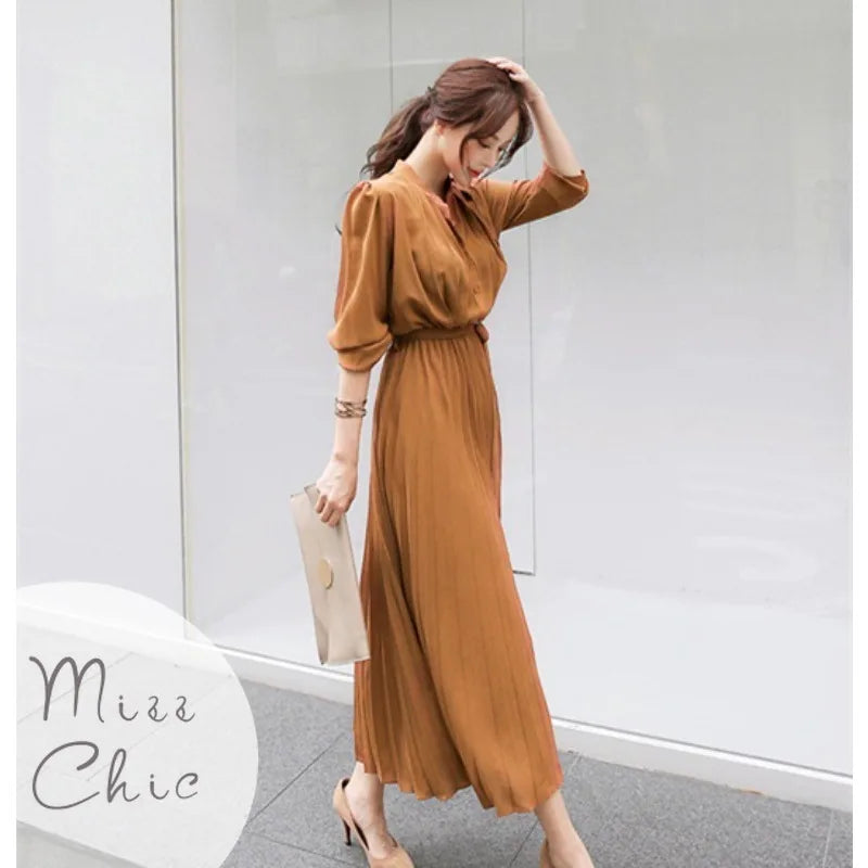 Elegant Chiffon Long Sleeve Shirt Dress Korean Fashion Women Belt Lace Up A-line Pleated Maxi Dress 2023 Fall Clothes Streetwear