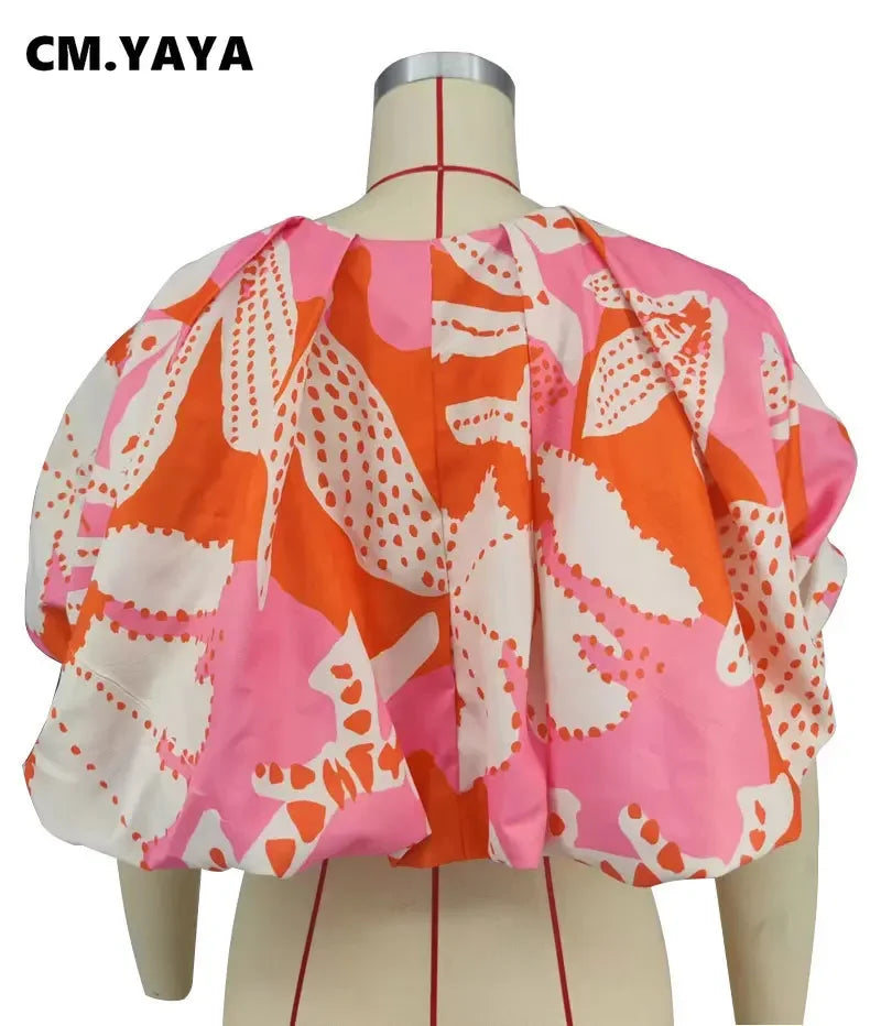 CM.YAYA Summer Street Women Shirts Fashion Ruched Short Puff Sleeve Mini Blouse 2024 Street Print Casual Holiday Shirts Tops
