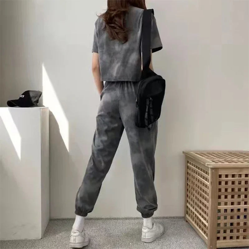 Women Clothing Sets Short Sleeve T-shirt+Pant 2Pcs Summer Camouflage Tie-Dyed Loose Tees Tops Sports Casual Suit New