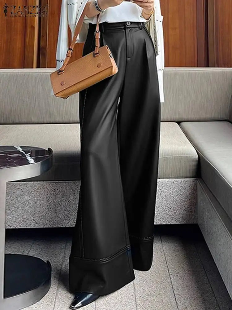 Stretchy Faux Leather Pants Sexy High Waist Pantalon Bell Bottom Flared Long Pant Women Elegant PU Wide Leg Trousers