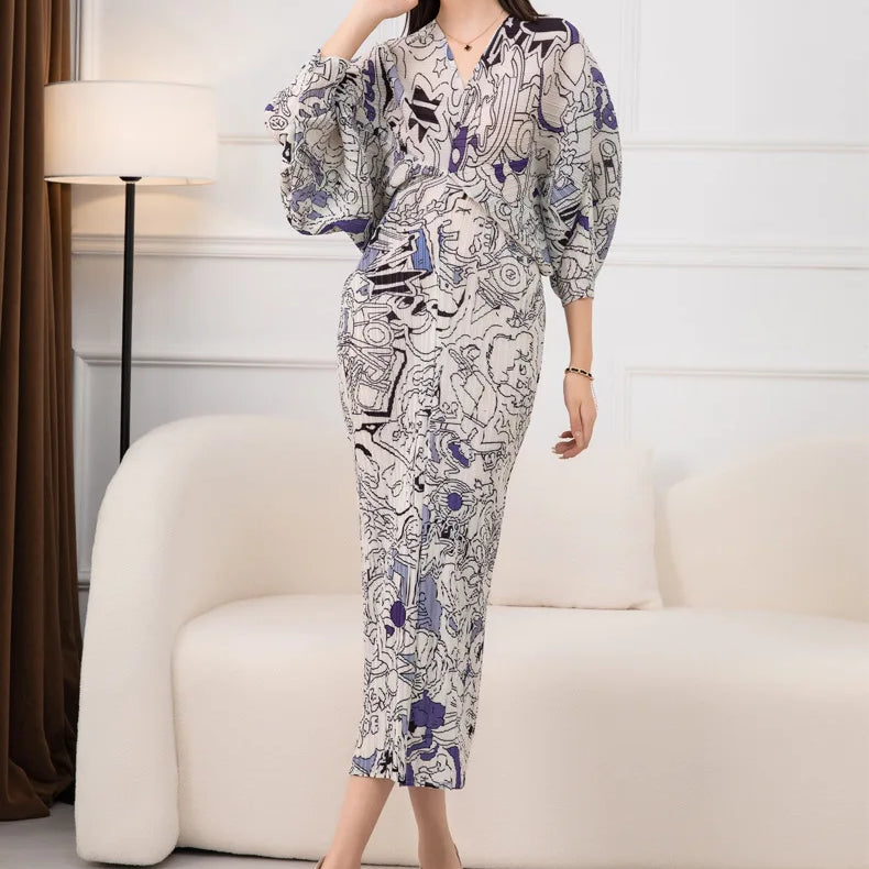 Spring Print Pleated Skirt/Holiday Party Temperament Loose Bat S Sleeve Dress Factory Spot