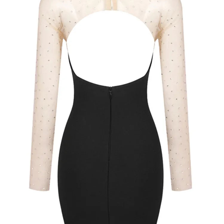 Women Celebrity Sexy Long Sleeve Diamonds Black Mesh Mini Bodycon Bandage Dress 2024 Elegant Evening Club Party Dress