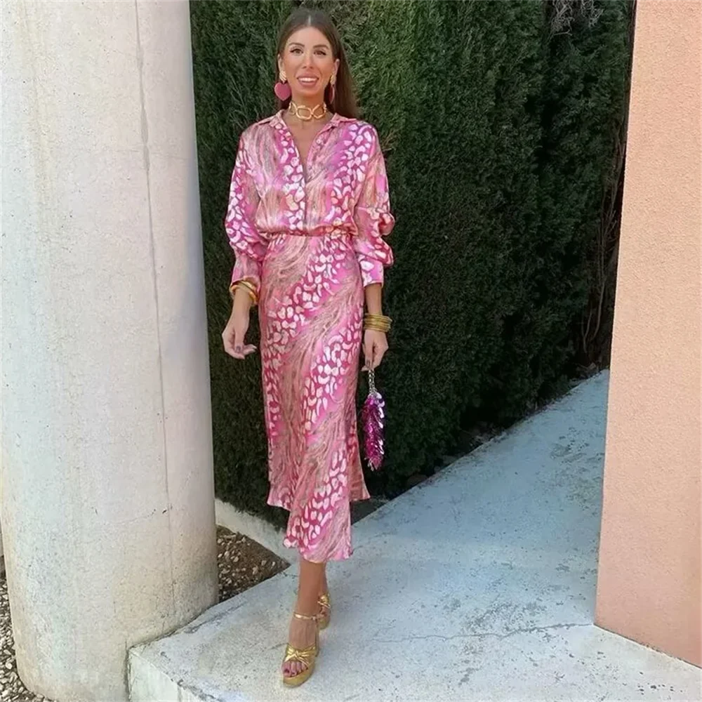 Taop&Za Women's Elegant Silk Texture Printed Long sleeved Shirt/High Waist Printed Half skirt Long skirt