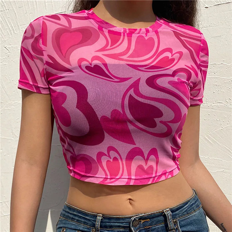 T-shirt Vrouwen Zomer Roze Hart Gedrukt Esthetiek See Through Mesh Koreaanse Korte Mouw Voor Zoete Kawaii Meisjes 2022 Crop top