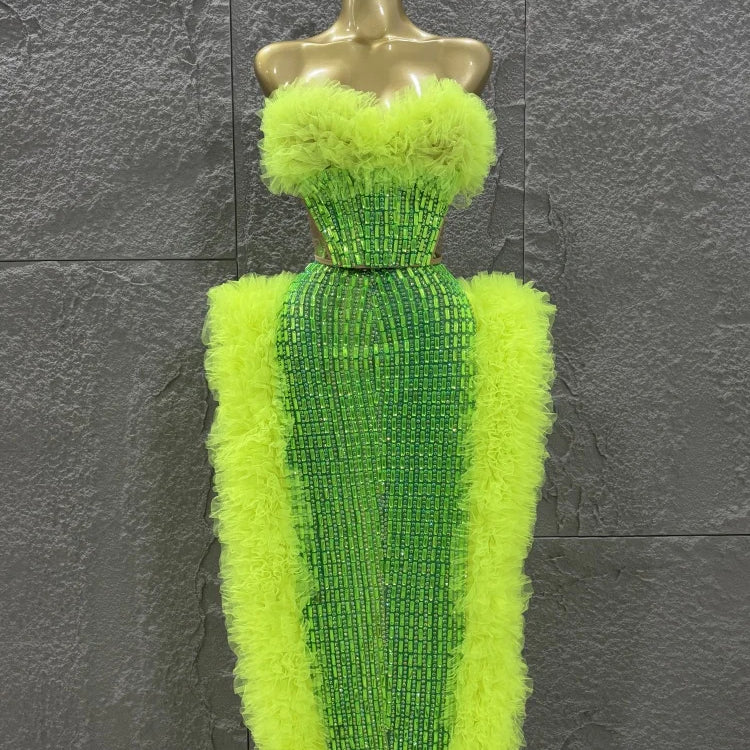 STOCK Women Sexy Mesh Ruffles 2 Pieces Laced-up Ball Gown Long Dress Fashion Nightclub Party Performance Costume Stage Wear