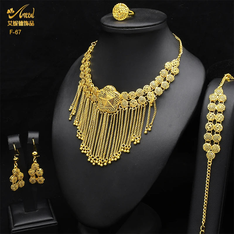 Ethiopian Tassel 24k Gold Plated Jewelry Sets For Women Arabic Wedding Indian Bridal Dubai Necklace And Earring Set Gifts F-67