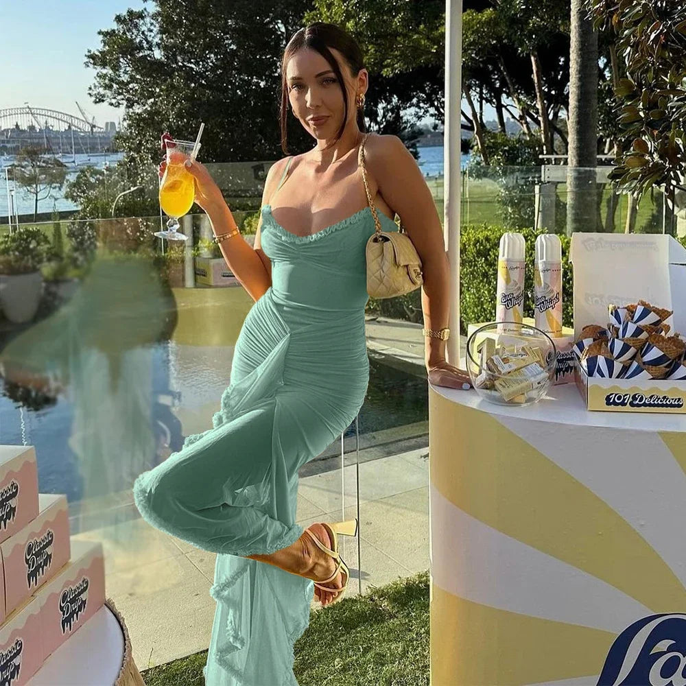 Suninheart Irregular Mesh Party Dresses 2024 New Arrivals Spaghetti Strap Bodycon Dress Fashion Ruched Long Dress Women