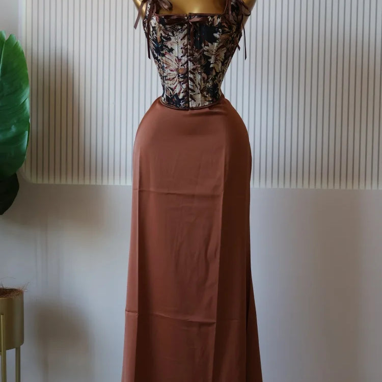 CM.YAYA Women's Dress Set Print Bow Corset Top and Maxi Long Skirt Suit 2025 Summer Elegant Evening Two 2 Piece Set Outfits