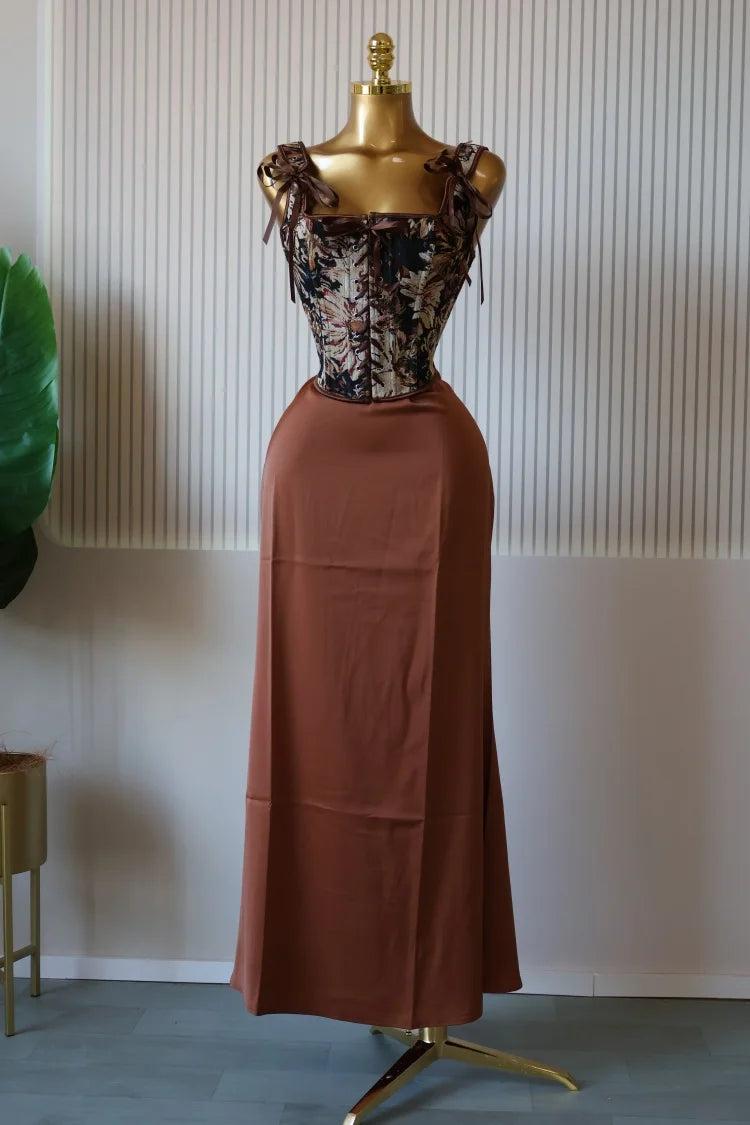 CM.YAYA Women's Dress Set Print Bow Corset Top and Maxi Long Skirt Suit 2025 Summer Elegant Evening Two 2 Piece Set Outfits