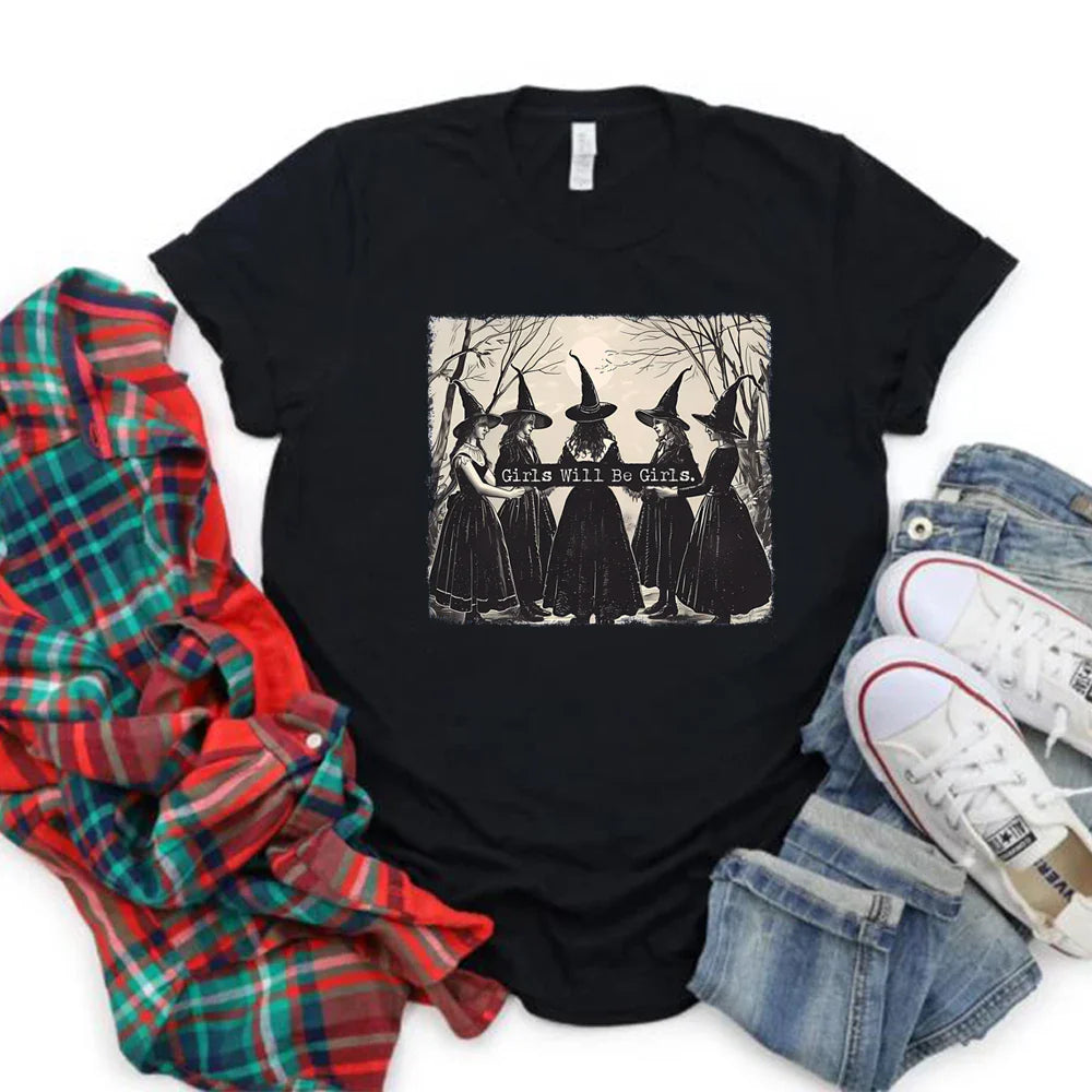Vintage Girls Will Be Girls Witch Shirt Funny Witch Shirts Tees Halloween Women Vintage Clothes Witchy Vibes Graphic T Shirts black