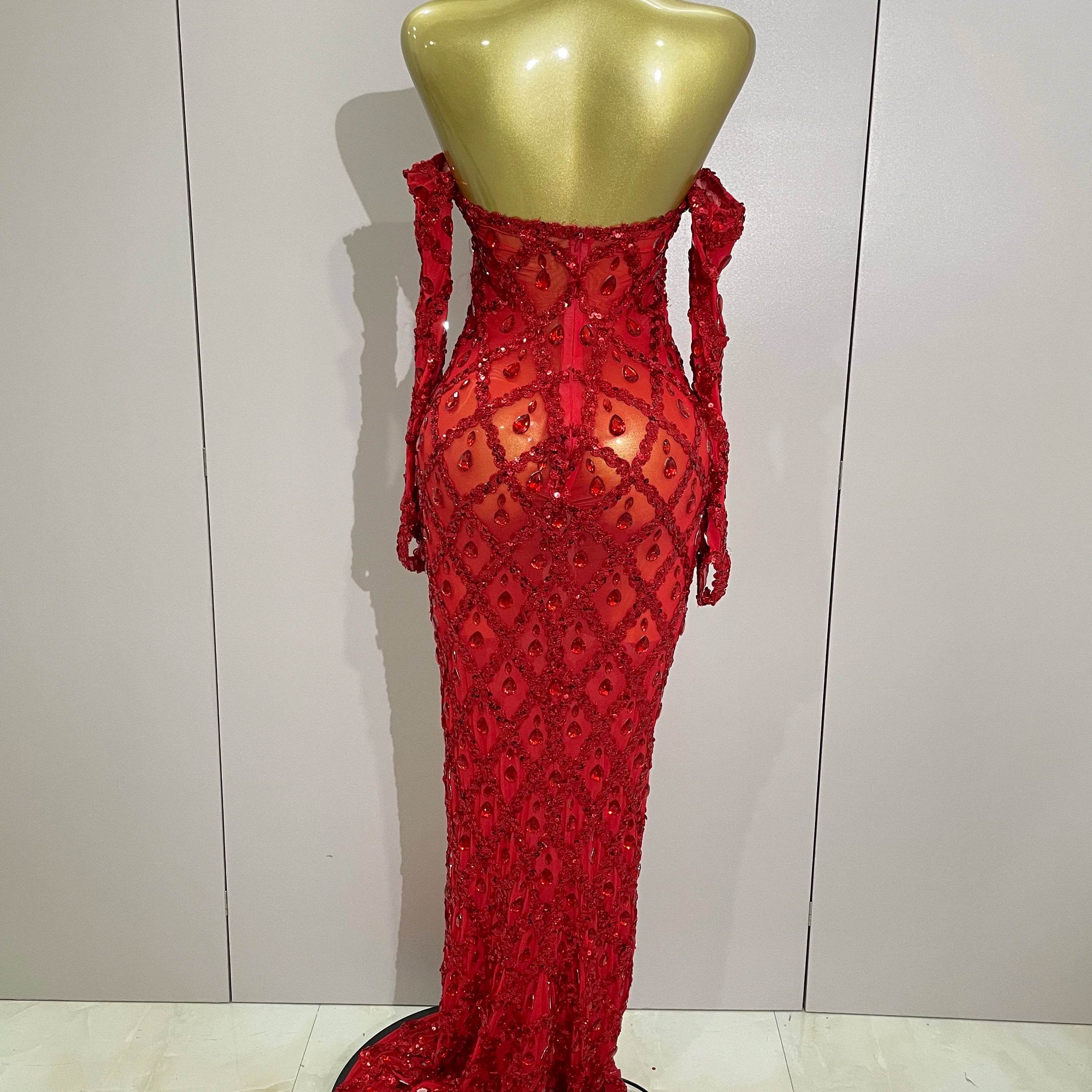 Sexy Sparkly Rhinestones Halter Mesh Long Dress With Gloves 2025 Women Celebrate Evening Wedding Prom Birthday Dress Shoot Wear