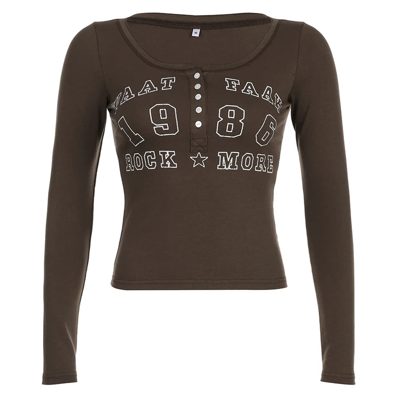 Vintage Letter Print Crop Top Women Retro Grunge Button V Neck Full Sleeve T Shirt Autumn Winter Basic Tee Femme Clothing Brown
