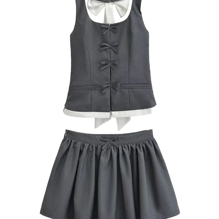 Aonibeier Bow Patchwork Women Halter Crop Top Suits Traf Summer Low Collar Slim Sleeveless Female Tanks Mini Skirt Sets Y2K G