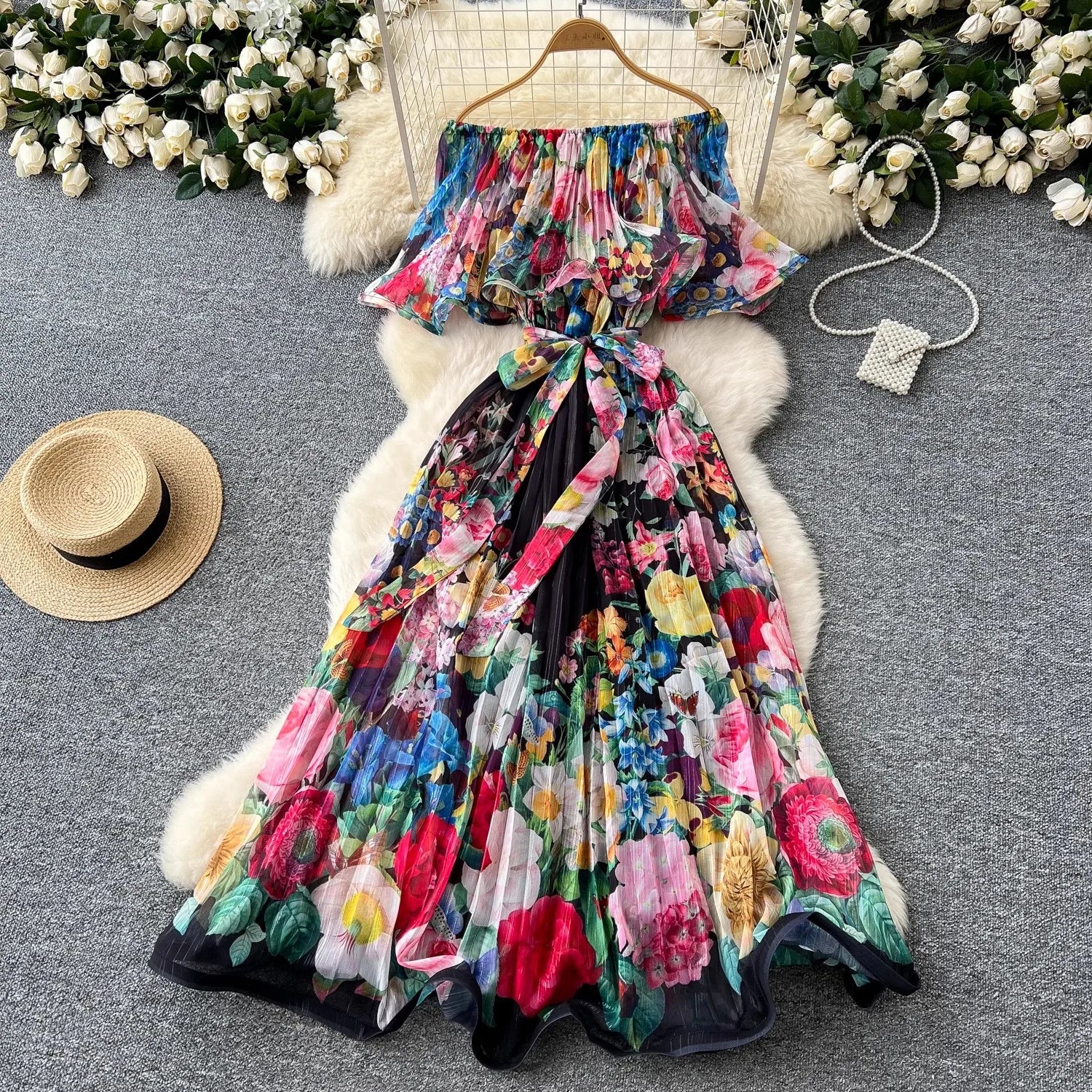 Summer Off Shoulder Gorgeous Flower Holiday Dress Women's Slash Neck Ruffles Batwing Sleeve Print Casual A-Line Beach Vestidos