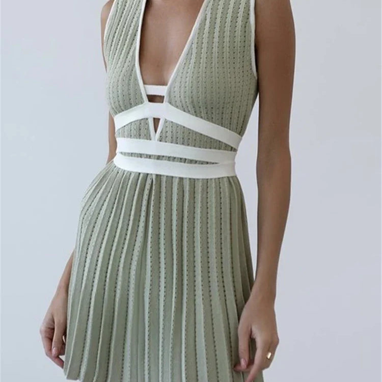 REALEFT Summer Deep V-Neck Knitted Women's Dresses High Waist Lace Up Casual Sleeveless Solid Sexy Mini Dresses Female Ladies