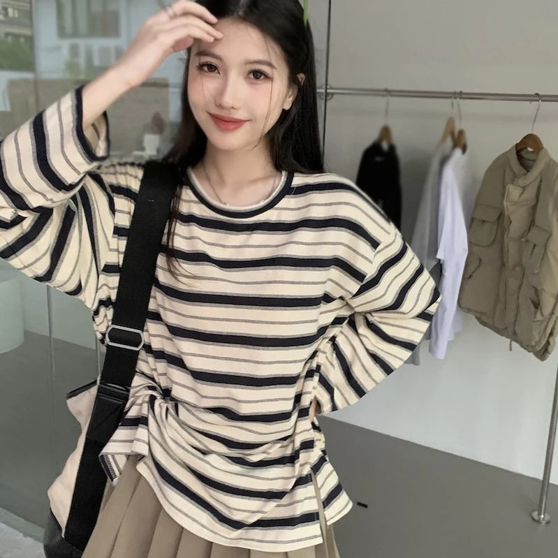 T-shirts for Women Streetwear Woman Clothing Y2k T-shirts Korean Fashion Striped Long sleeve T-shirts Student Tops B