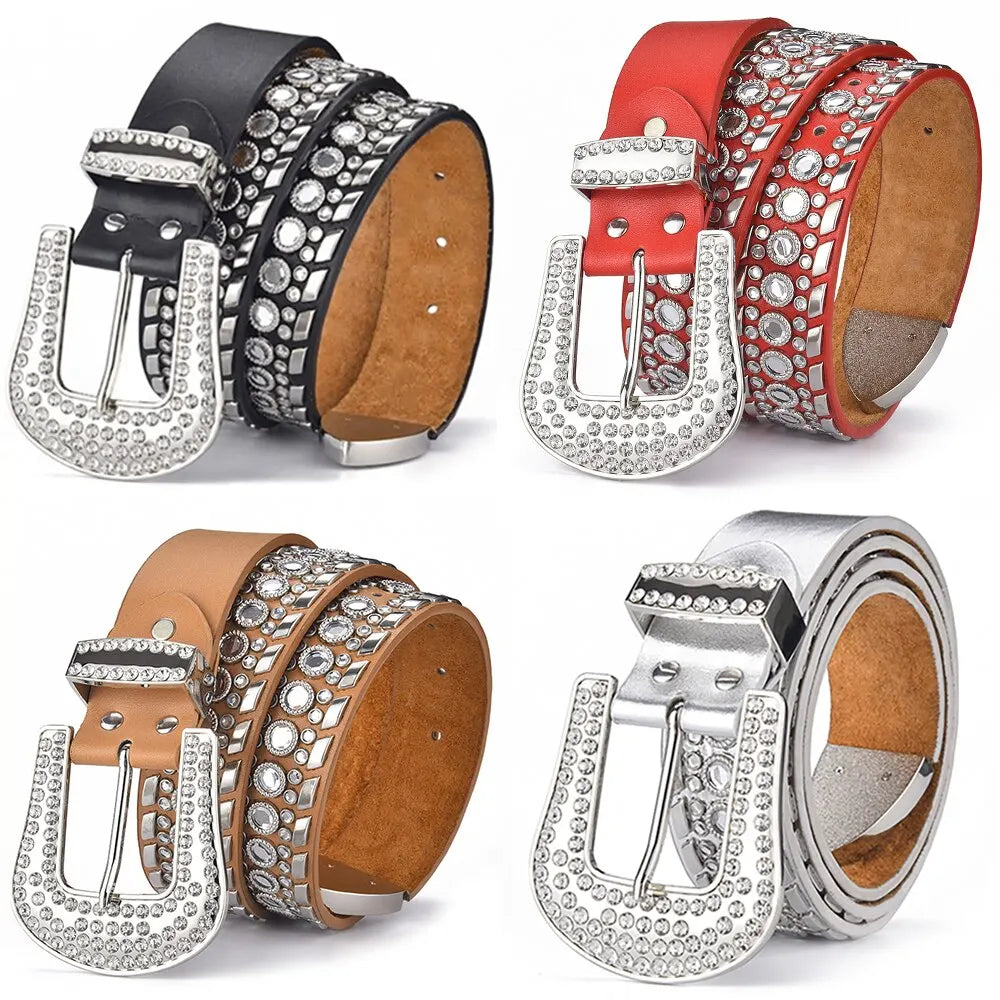 Women's Jeans Rhinestone Large Waistband Western Jeans Shiny Rivet Design PU Leather Artificial Rhinestone Waistband Hip Hop Pun