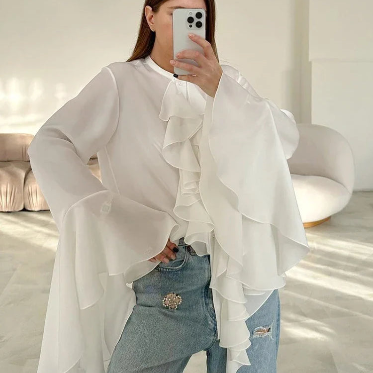 Mnealways18 Chiffon White Ruffled Shirts For Women Flare Sleeve Oversize Laminated Flounces Elegant Blouses And Tops Spring 2024