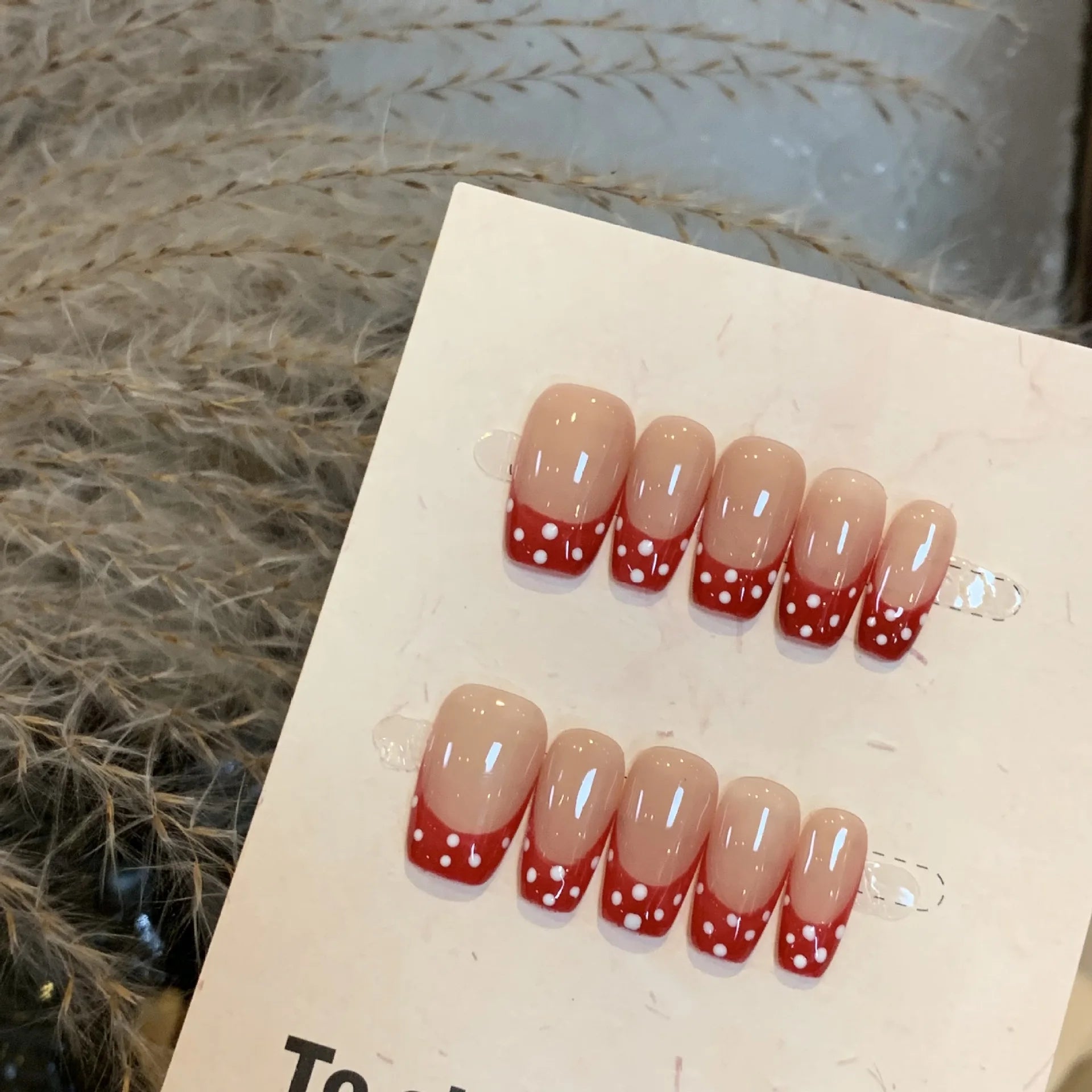 10Pcs Handmade French Press on Nail Medium Red Nails with Polka Dot Designs Retro Fake Nails with Glue Detachable Fashion Nails