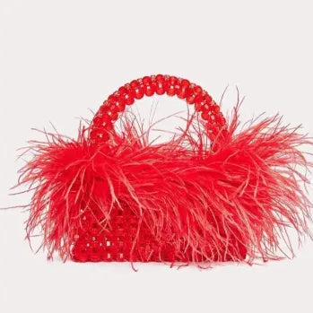 Pearl Bead Bag With Ostrich Feather Fur Designer Brand Clear Acrylic Crystal Stone Box Tote Handbag Women Handmade Party Purse red