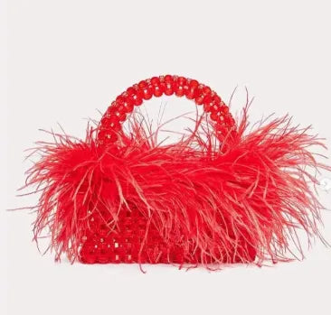 Pearl Bead Bag With Ostrich Feather Fur Designer Brand Clear Acrylic Crystal Stone Box Tote Handbag Women Handmade Party Purse red